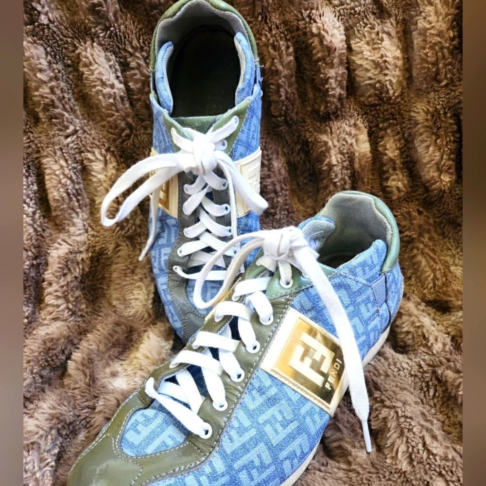Authentic Fendi FF Logo Blue Canvas and Leather Women's Sneakers